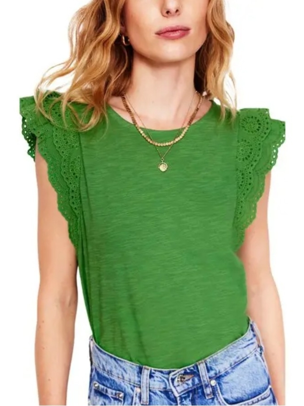 Boden Green Eyelet Embroidered Flutter Sleeve Cotton Blouse Cottagecore Boho S